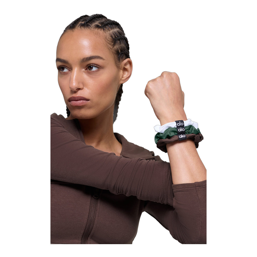 alo Fresh Mini Scrunchie 3-Pack - Brownstone/White/Clover Green