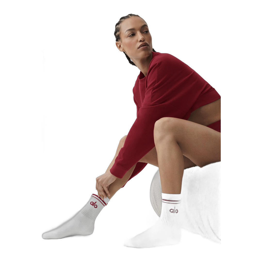 alo Unisex Half-Crew Throwback Sock - White/Summer Romance Red