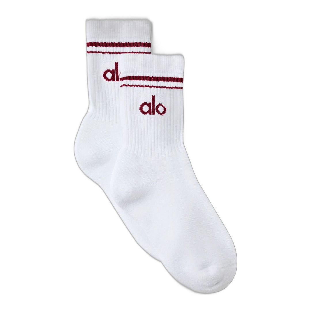 alo Unisex Half-Crew Throwback Sock - White/Summer Romance Red