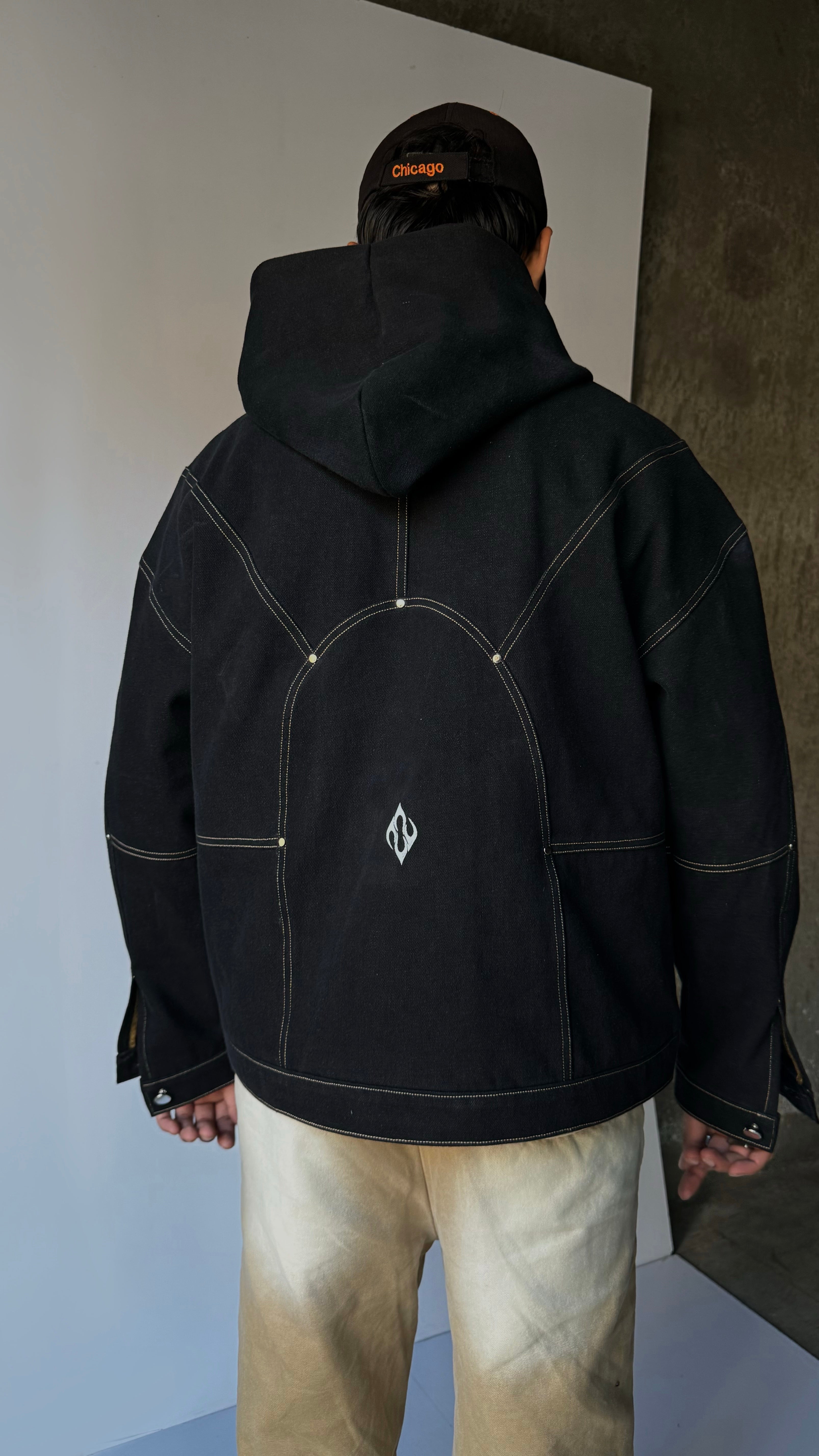 Panelled Black denim hoodie