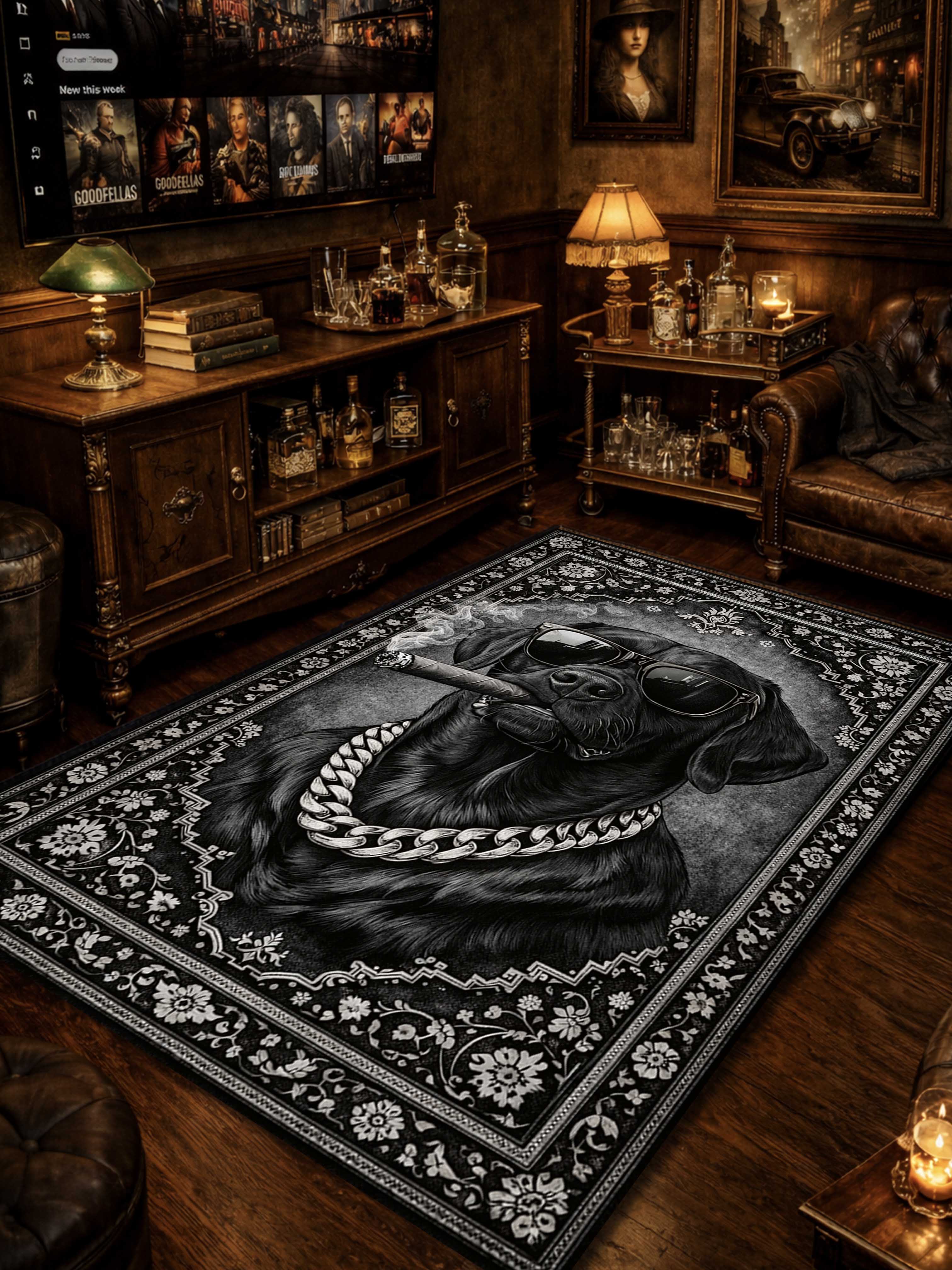 Monochromatic Smoking Dog Traditional Washable Custom Rug