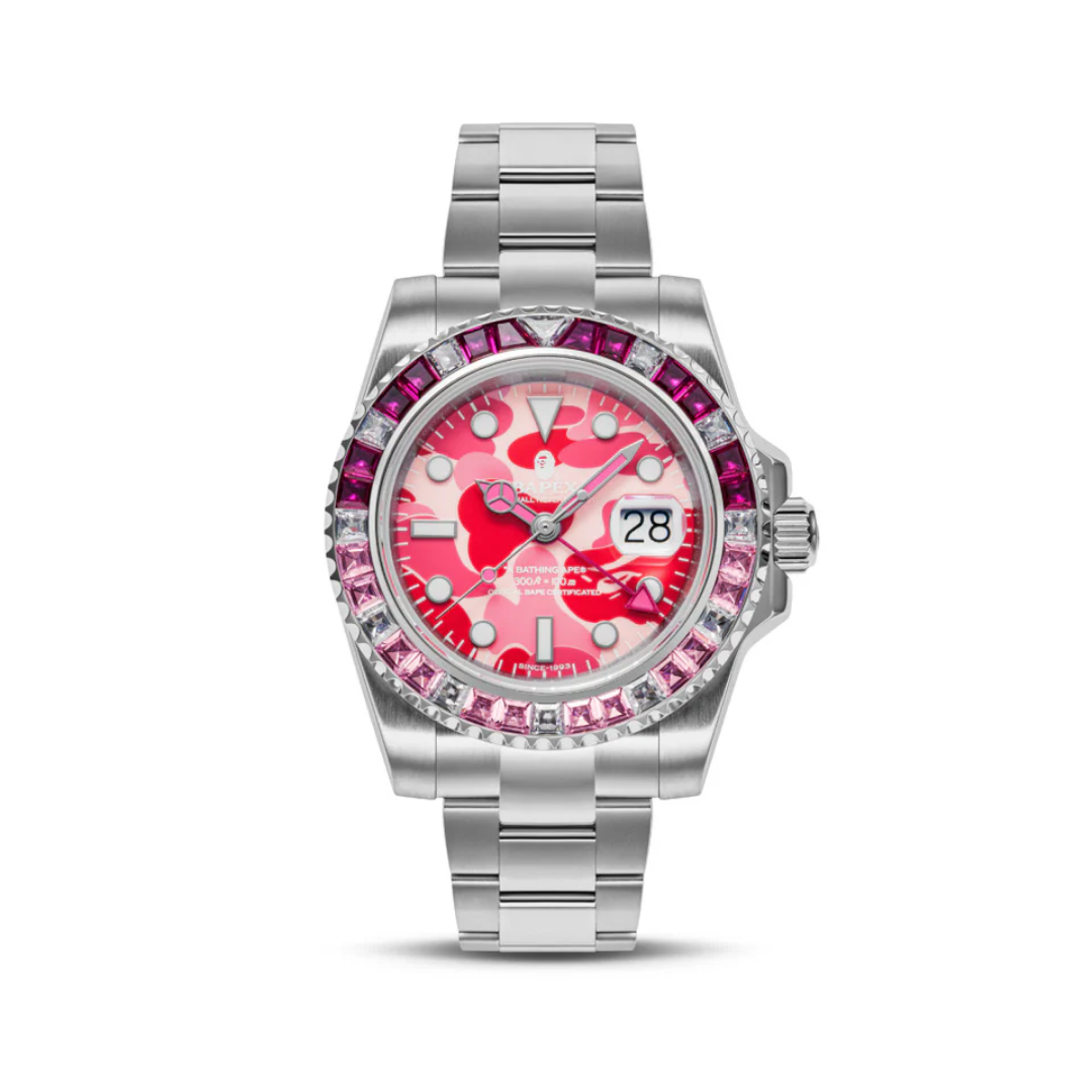 BAPE Type 2 ABC Camo Crystal Stone BAPEX Watch Pink