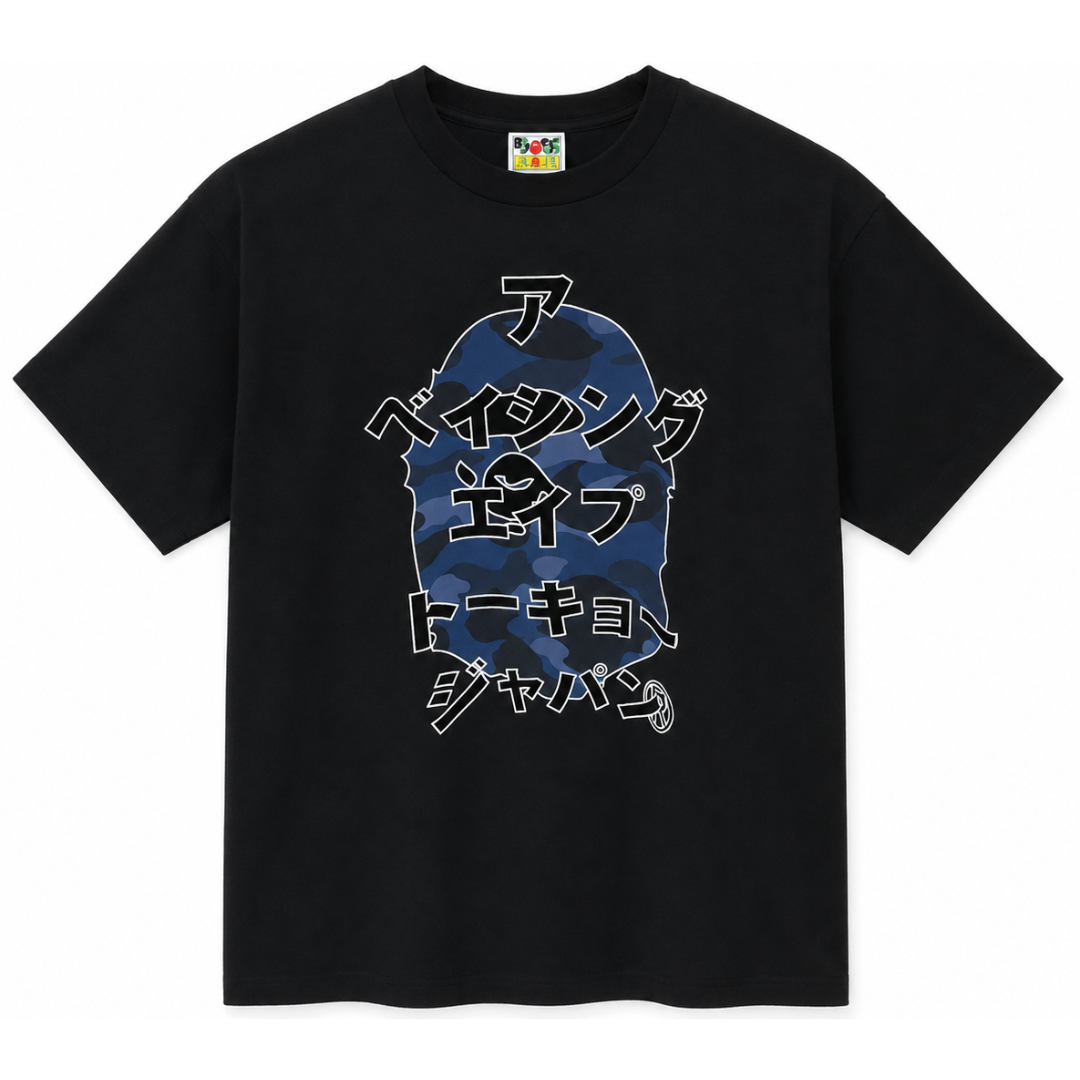 BAPE ABC CAMO JAPANESE LETTERS TEE BLACK BLUE