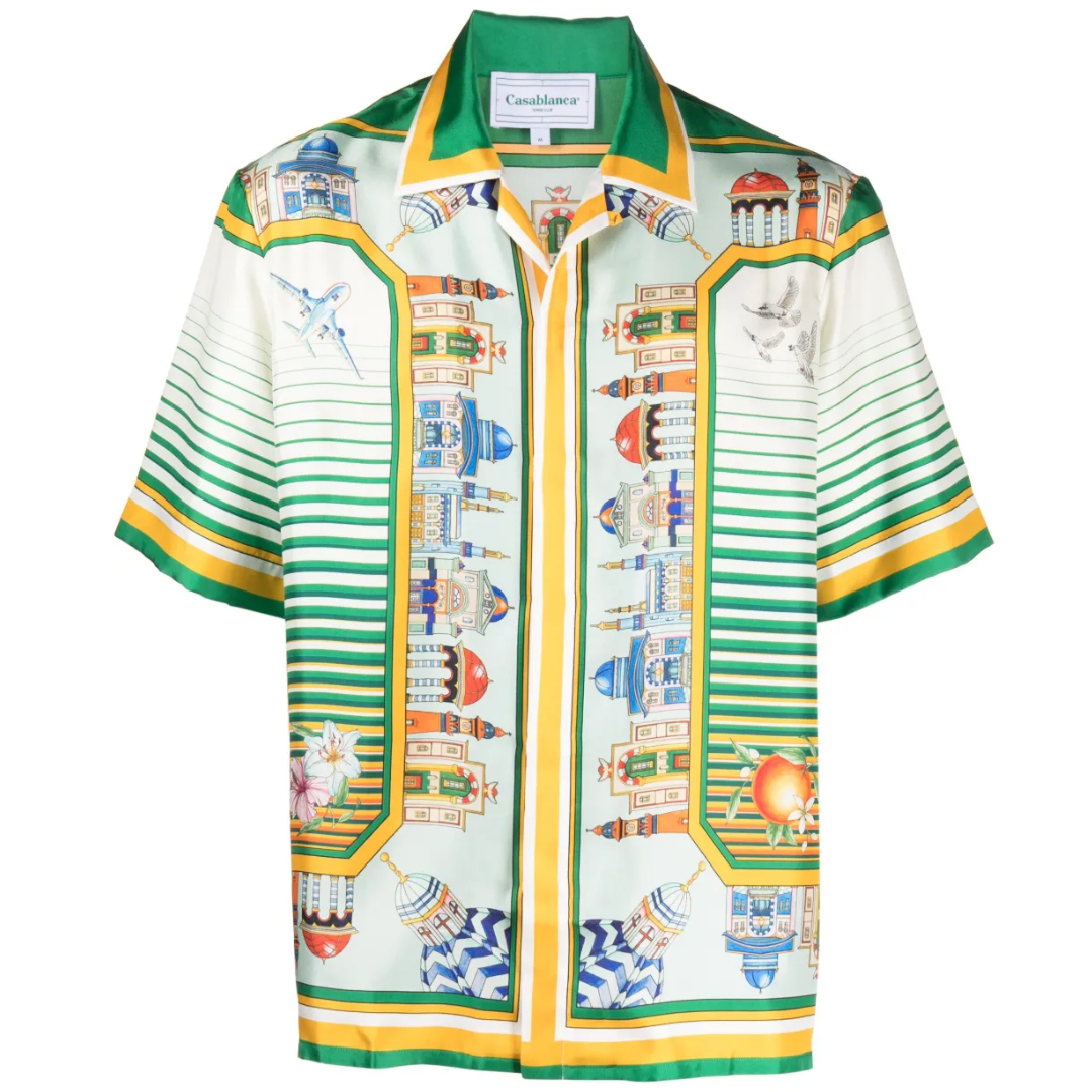 CASABLANCA SKILL TWILL CUBAN COLLAR SHORT SLEEVE S GREEN WHITE YELLOW