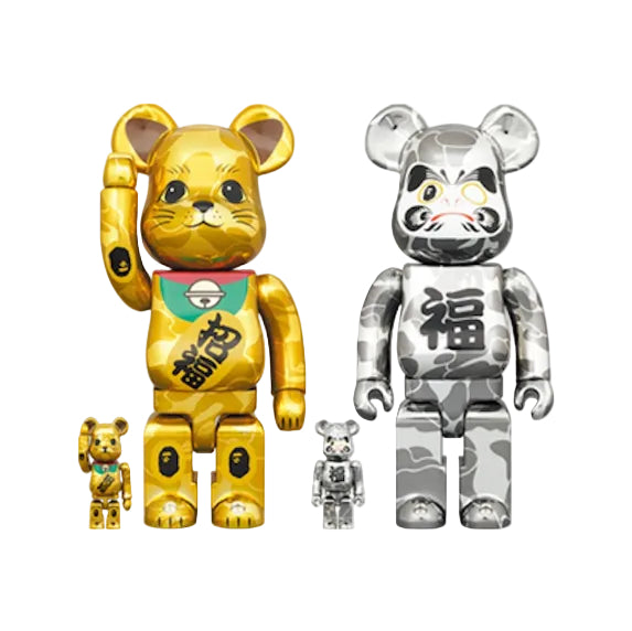 Bearbrick x BAPE Maneki Neko & Daruma 100% & 400% 4-Pc Set Gold & Silver Plated