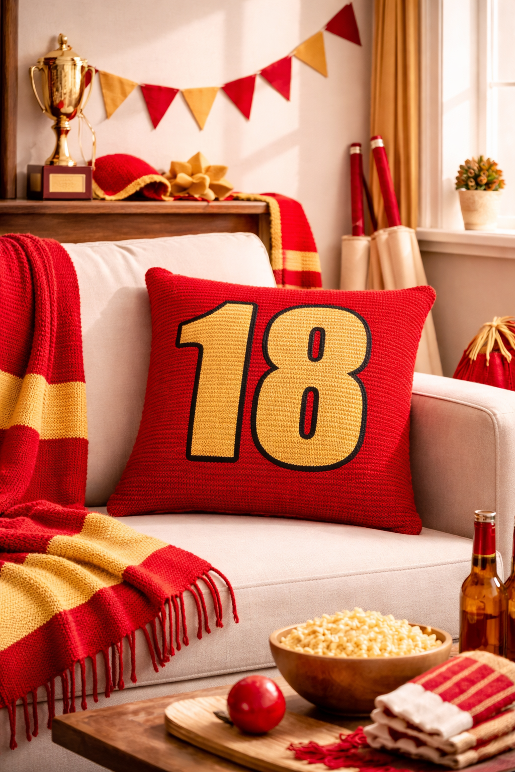 Living room with a red pillow featuring the number 18, a bowl of popcorn, and festive decorations.