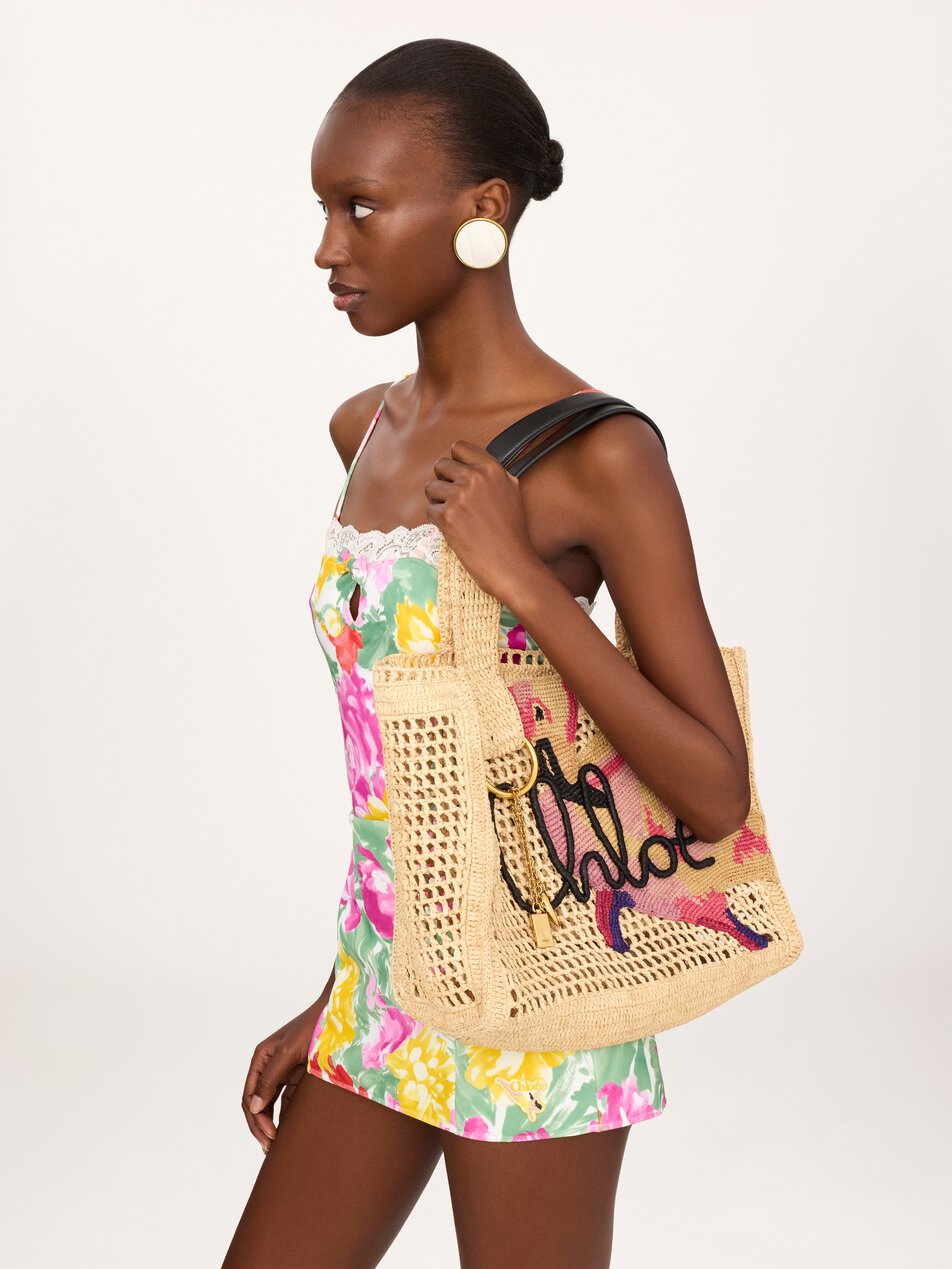 CHLOE Summer Banana east-west tote bag in raffia Multicolor Beige