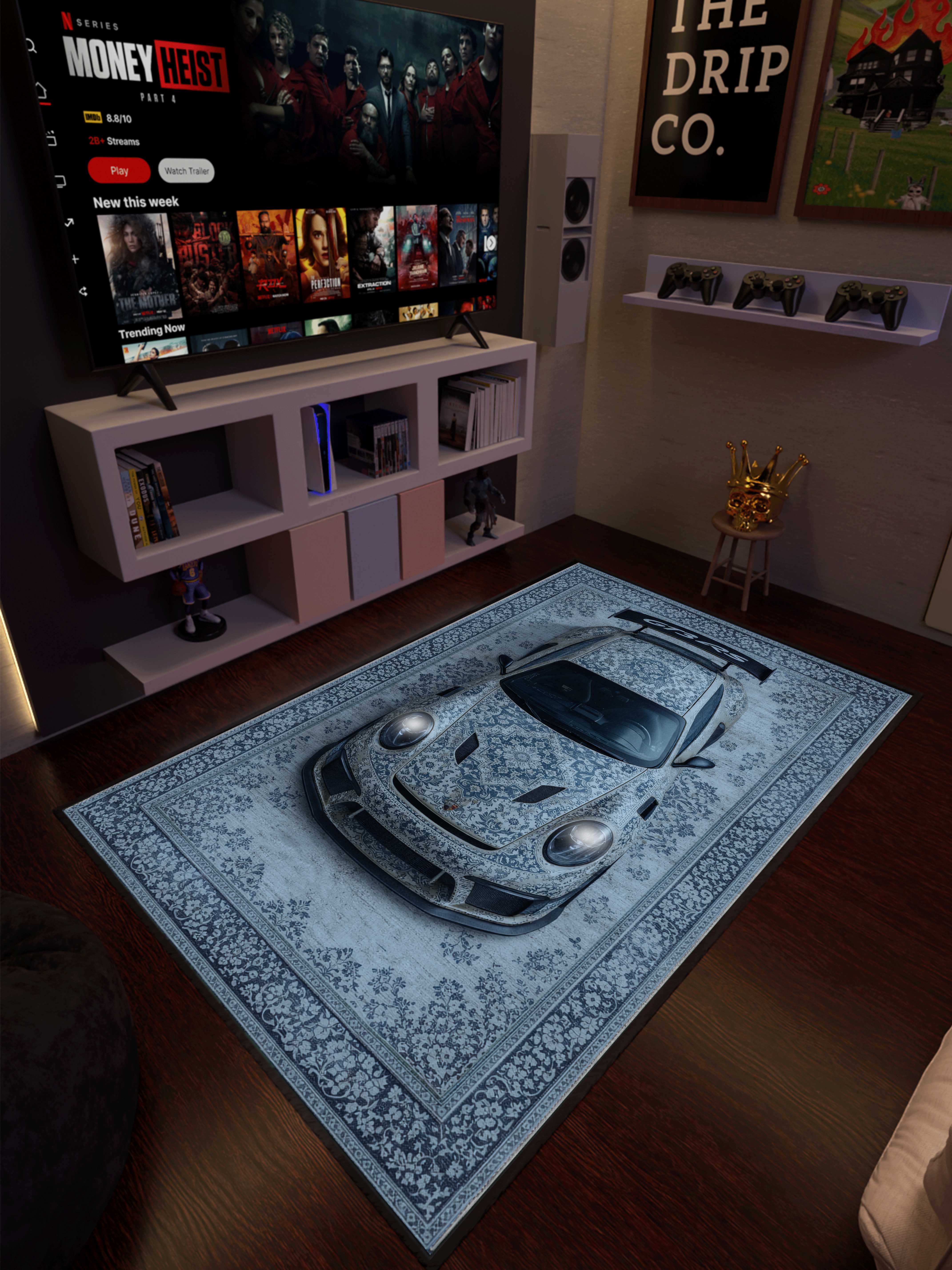 Blue Sports car traditional design Washable Custom Rug