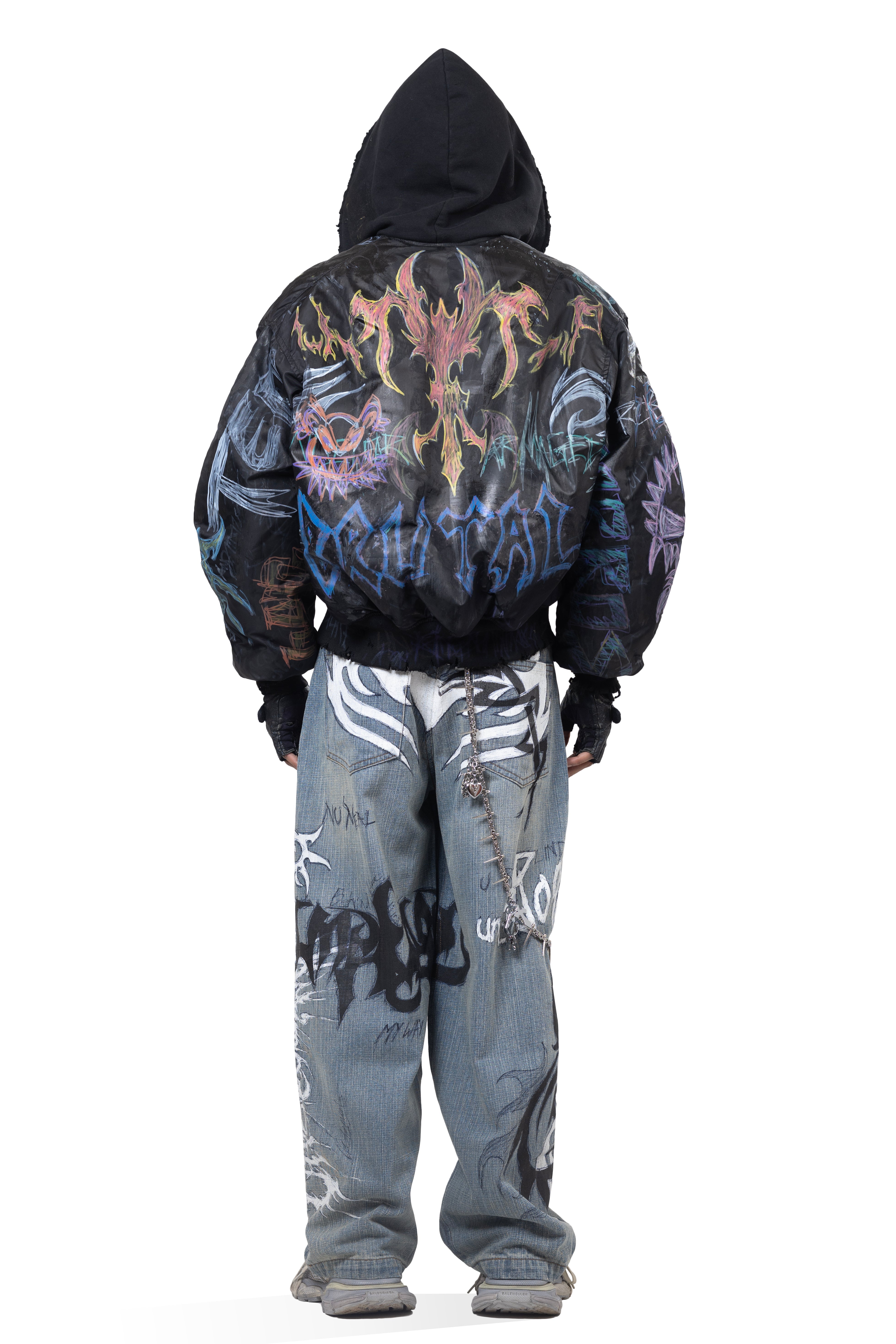 Coated Graffiti Hooded Bomber