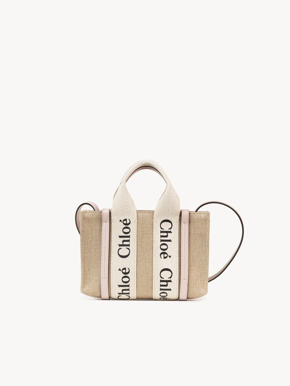 CHLOE Mini Woody tote bag in linen Cement Pink
