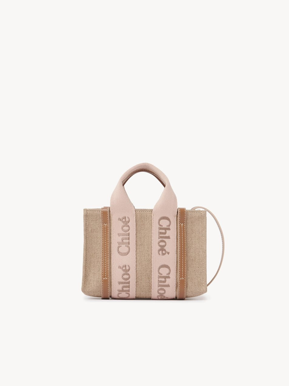 CHLOE Mini Woody tote bag in linen Blushy Beige
