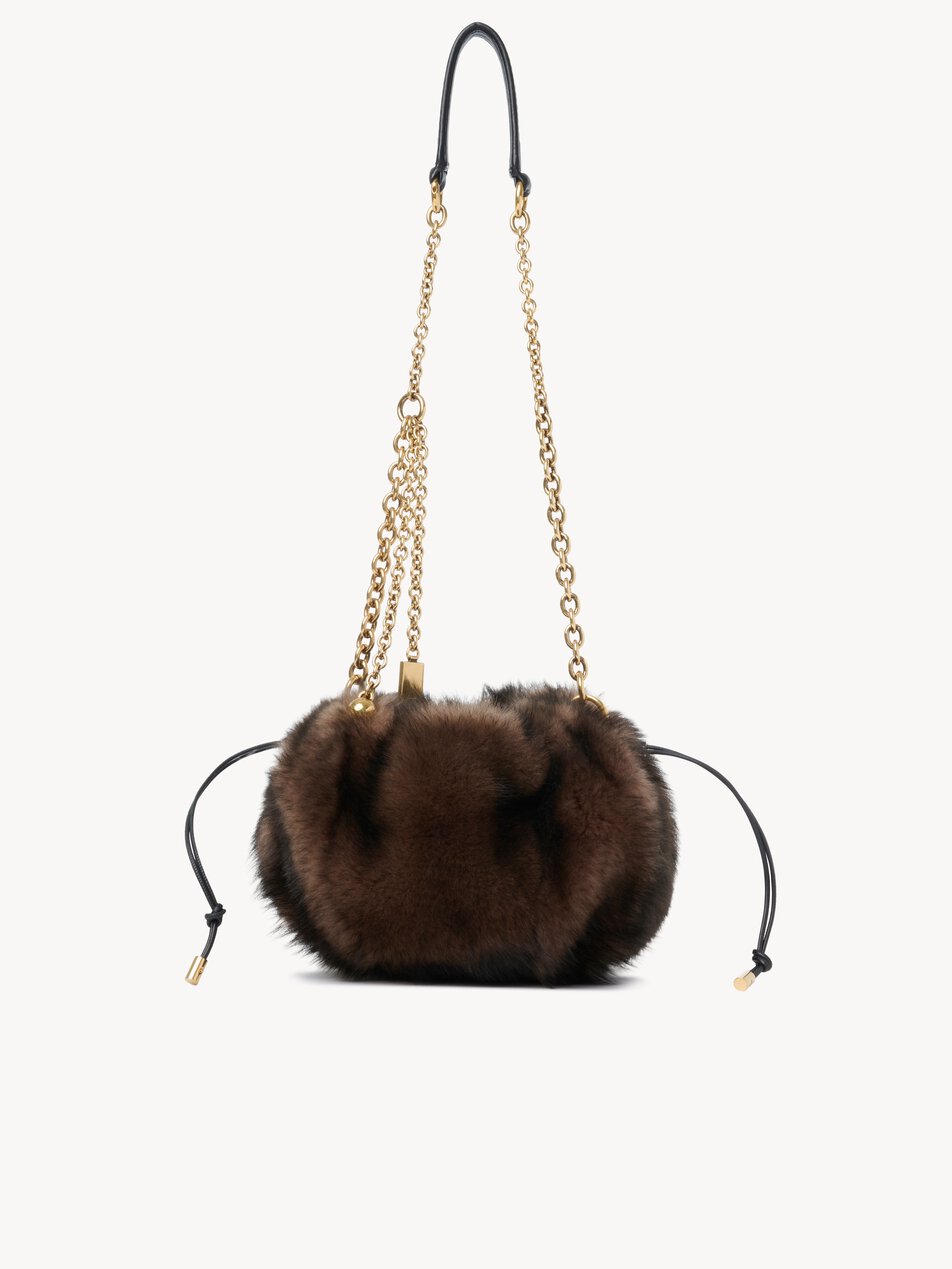 CHLOE Plissé shoulder bag with chain in shearling Kohl Brown