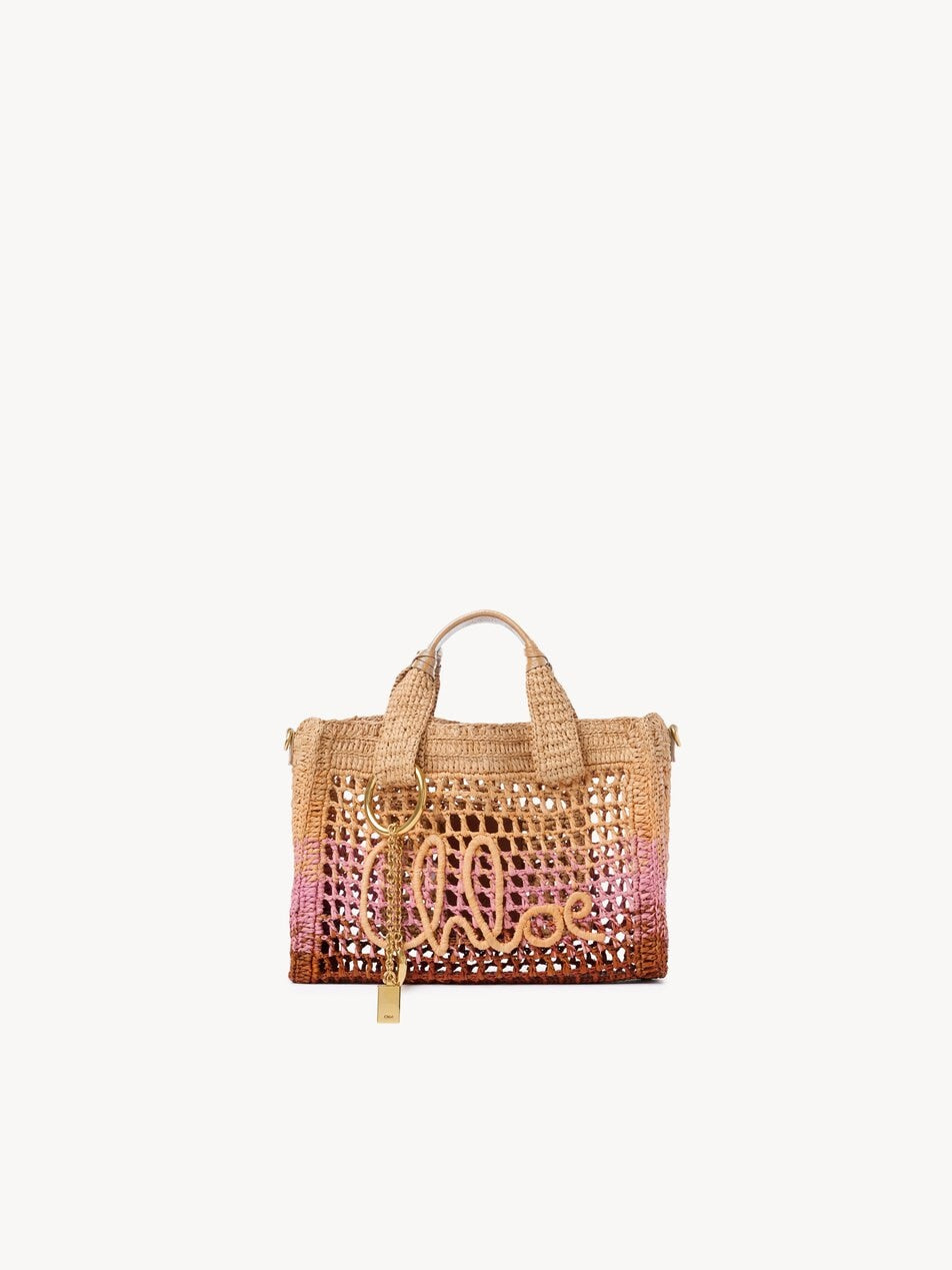 CHLOE Small Summer Banana east-west tote bag with strap in raffia Bleached Brown