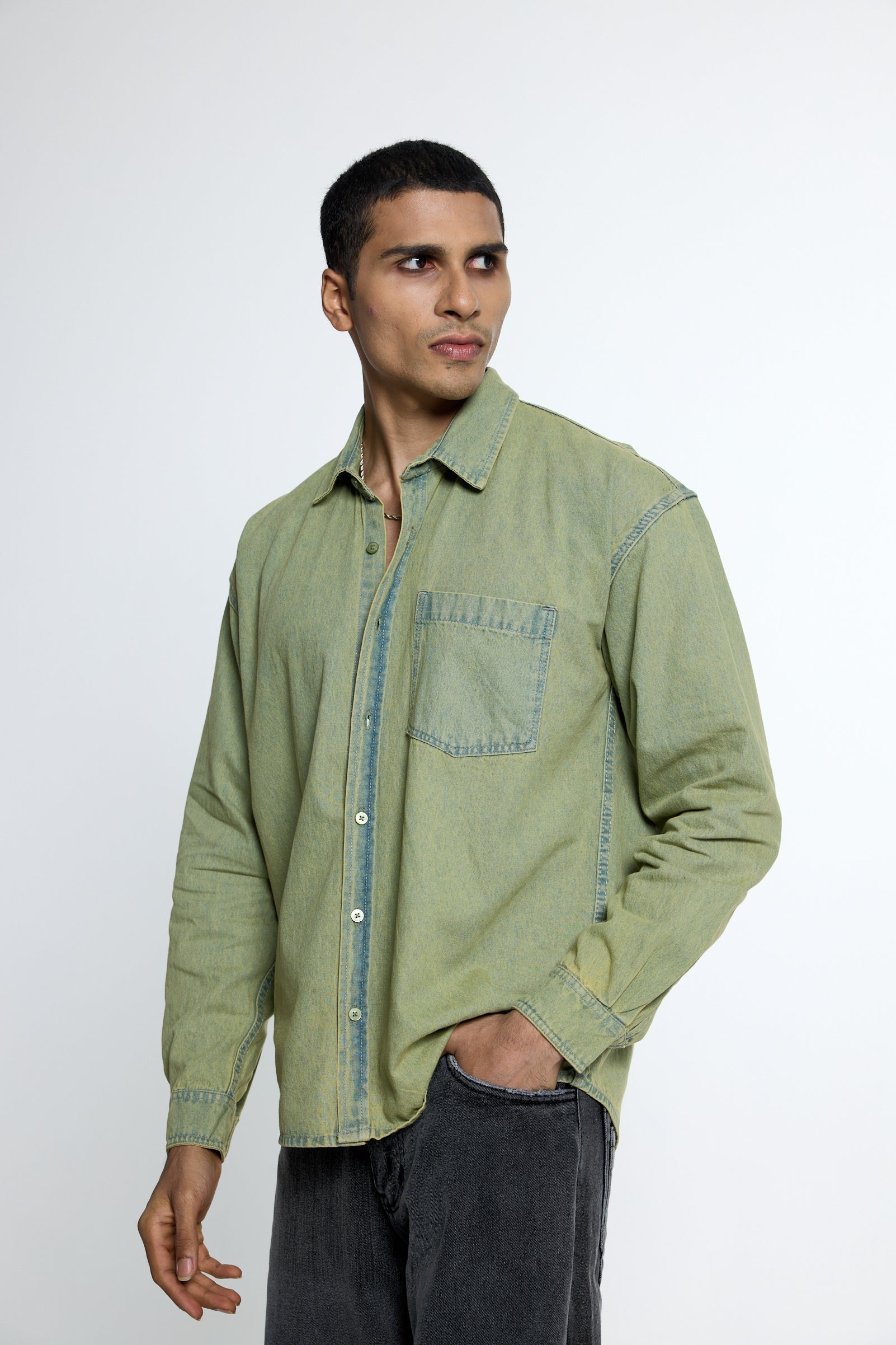 Washed Olive Denim Shirt
