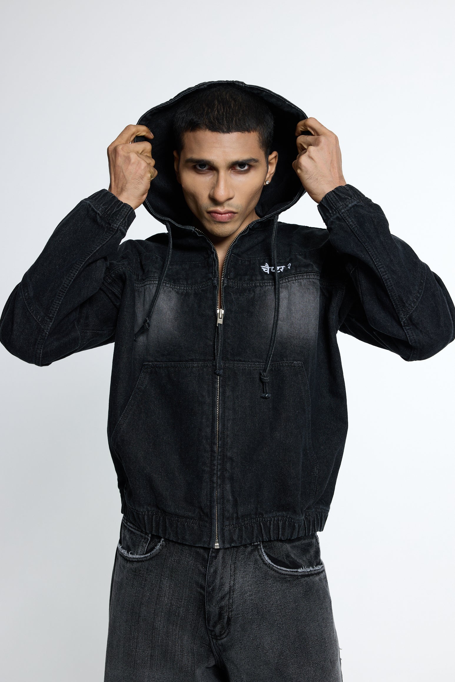 Black washed Denim Hoodie