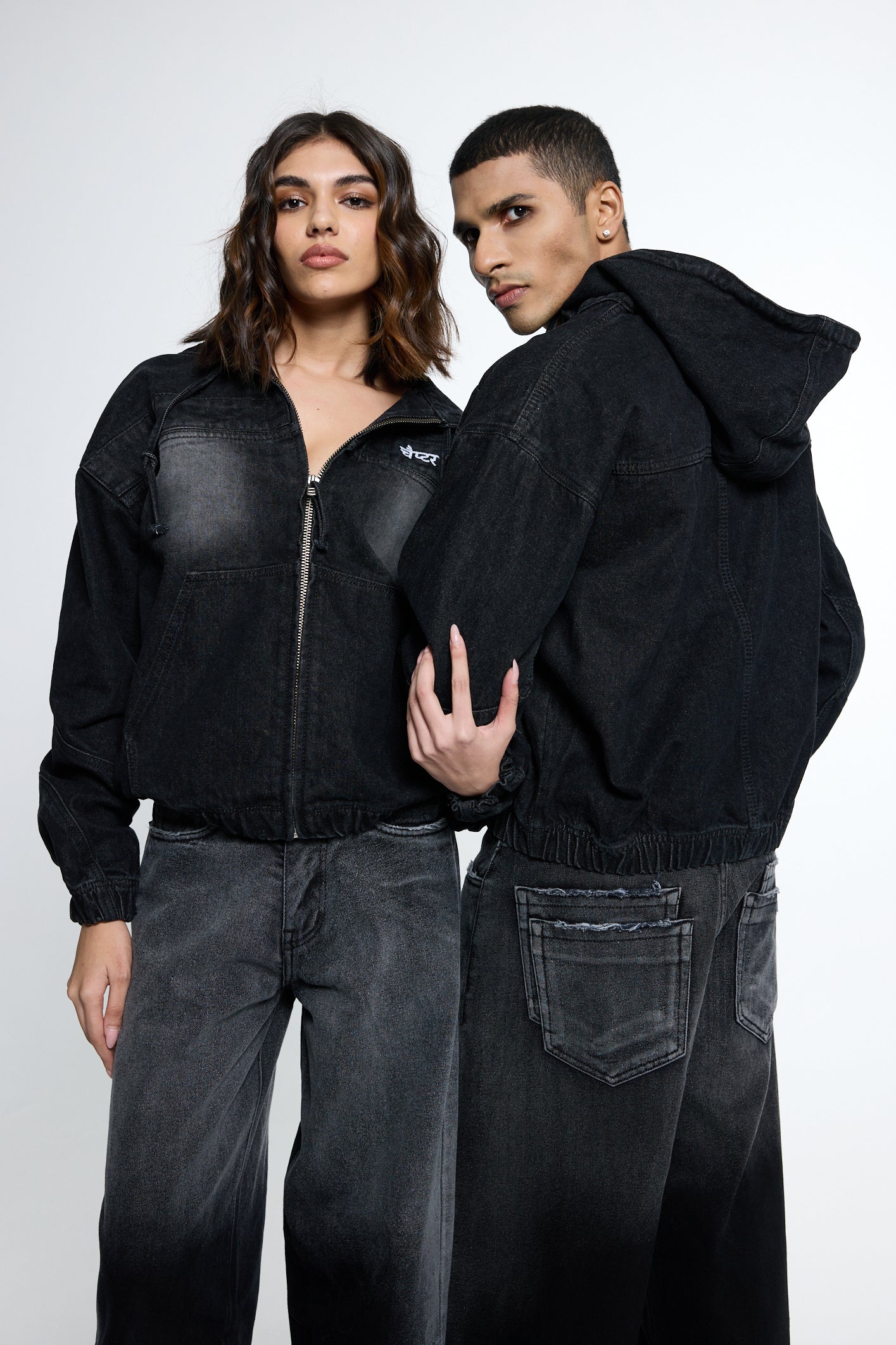 Black washed Denim Hoodie