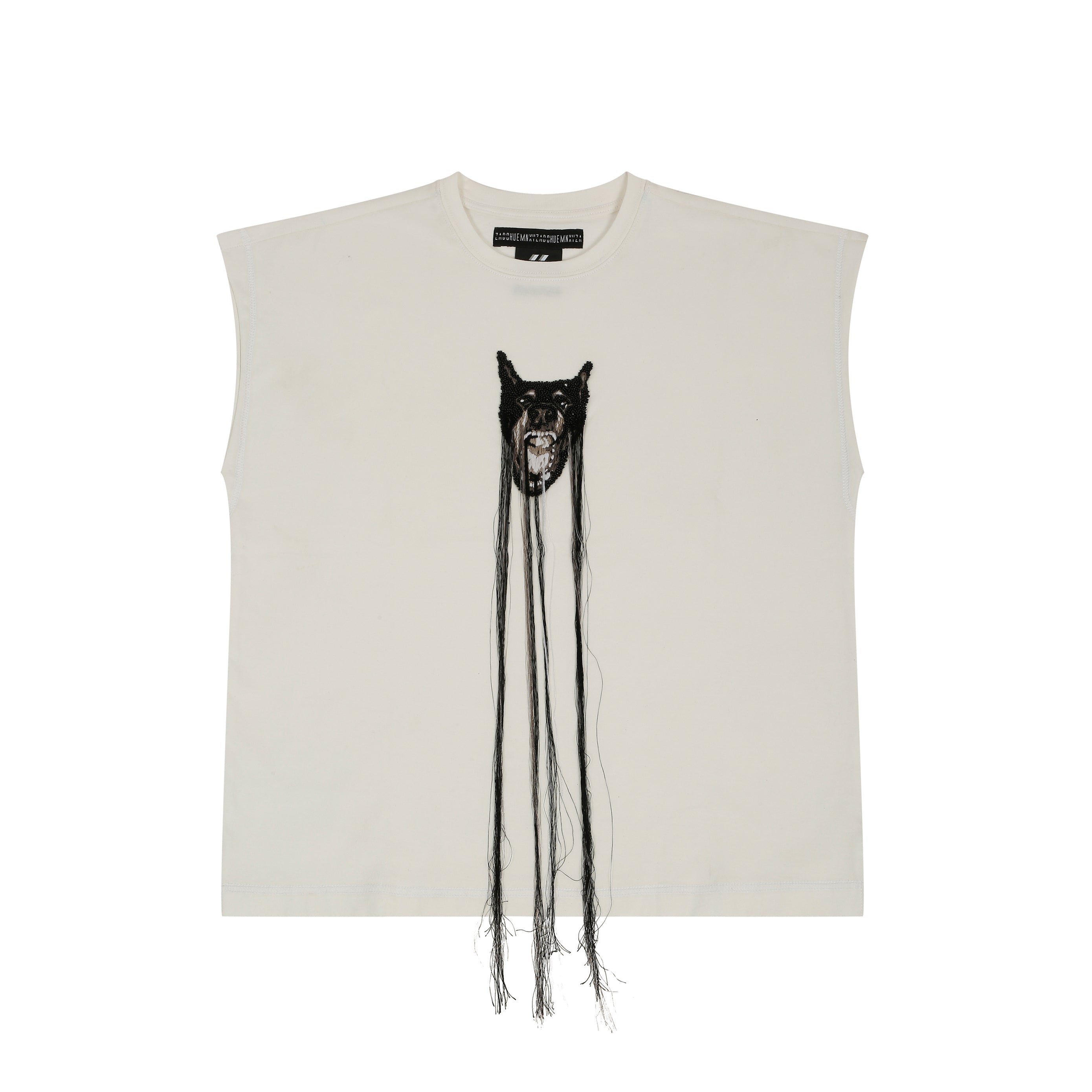 Hand-embroidered canine top with hanging silk threads (Men's) - White