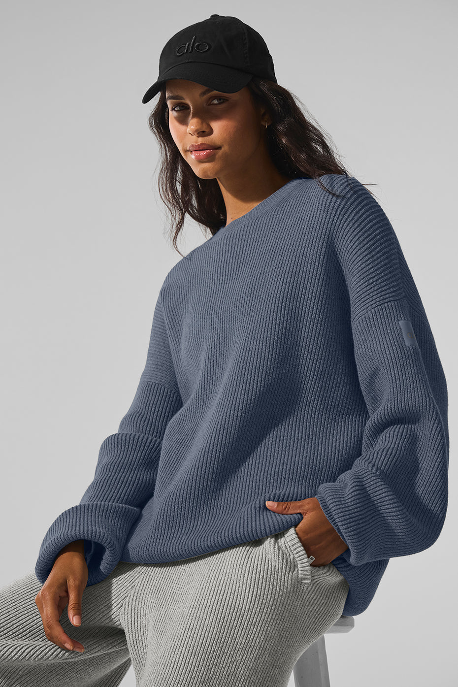 alo Domain Rib Knit Crew Sweater - Bluestone