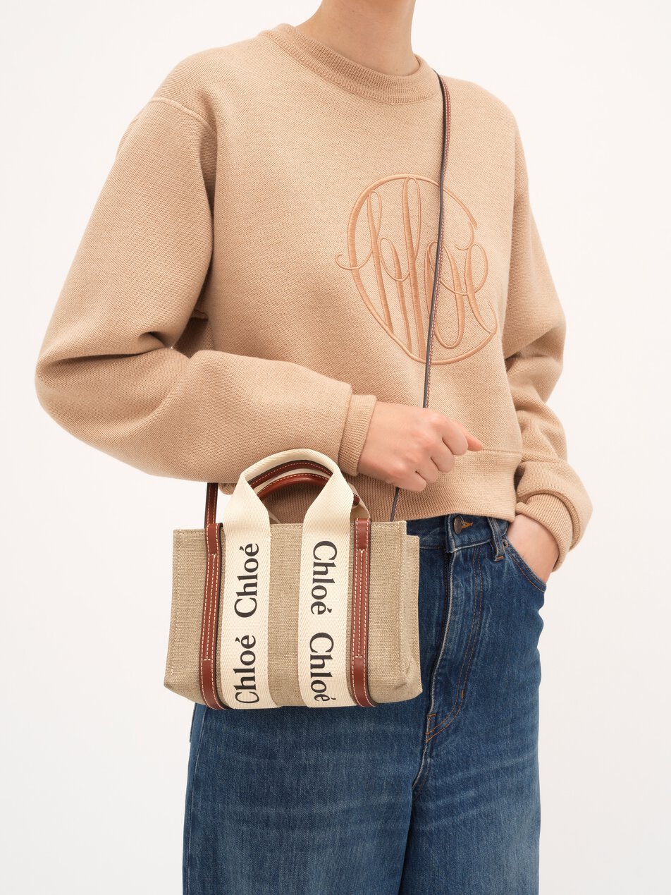 CHLOE Mini Woody tote bag in linen White - Brown