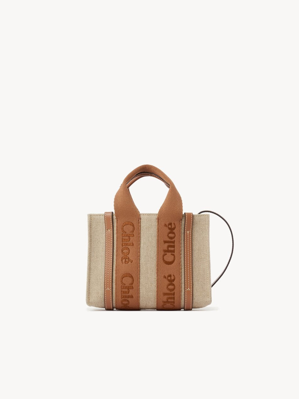 CHLOE Mini Woody tote bag in linen Dusty Tan