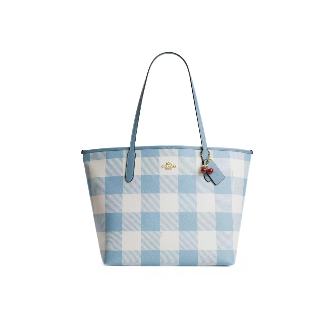 Coach City Tote Bag With Gingham Print And Charm canvas Gold Blue Multi