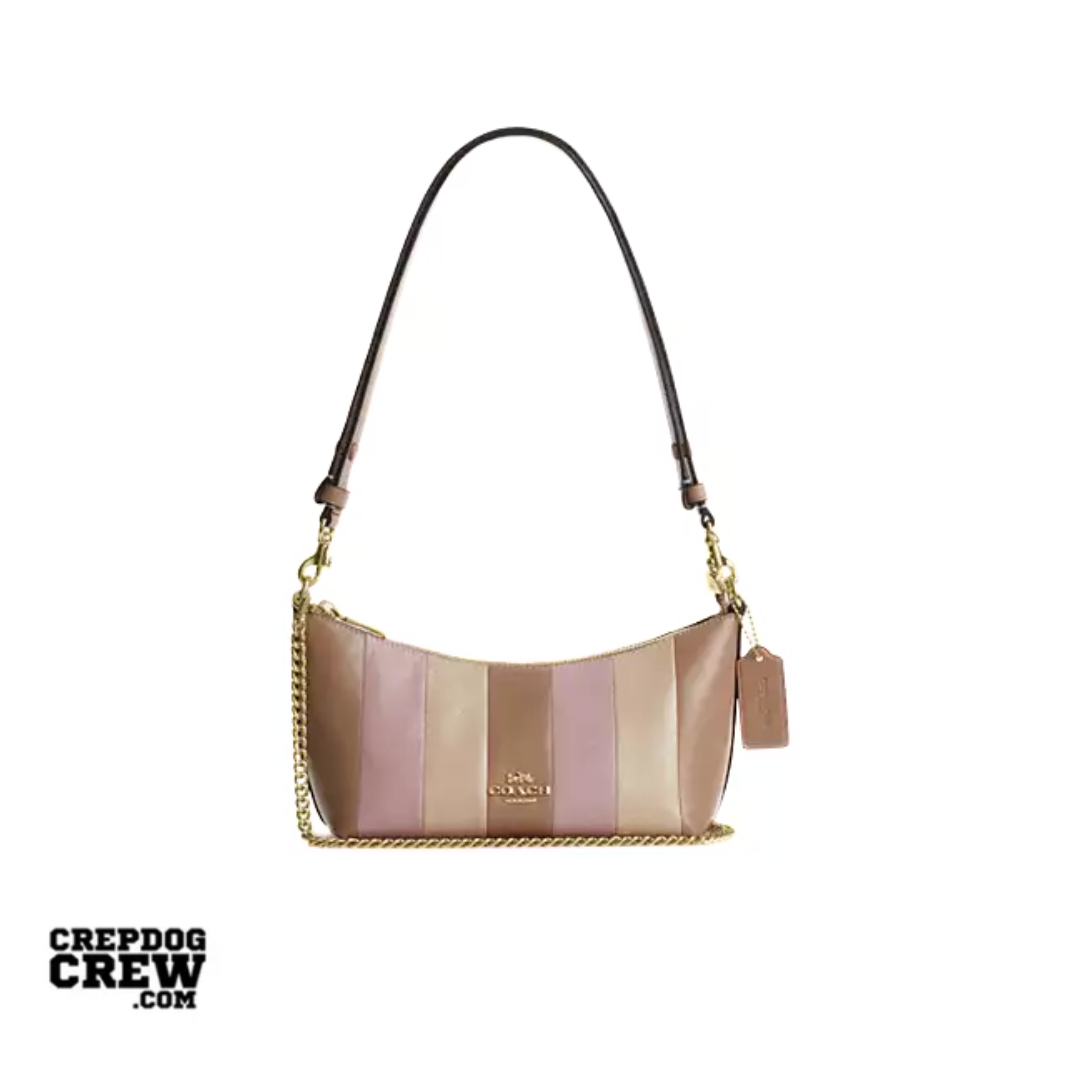 COACH Caitlin Shoulder Bag With Striped Patchwork crinkle leather Gold Taupe Multi