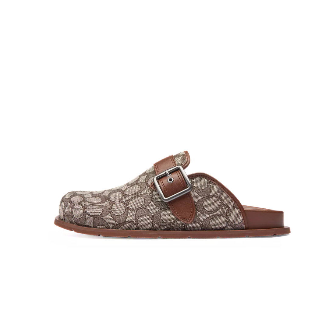 COACH Buckle Clog In Signature Jacquard Oak Vintage Brown