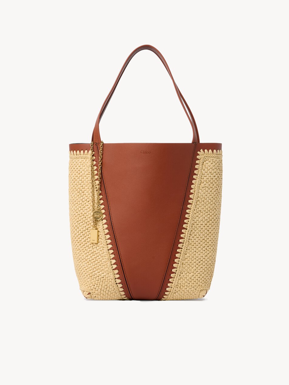 CHLOE Spin tote bag in raffia-effect & leather Clay Brown
