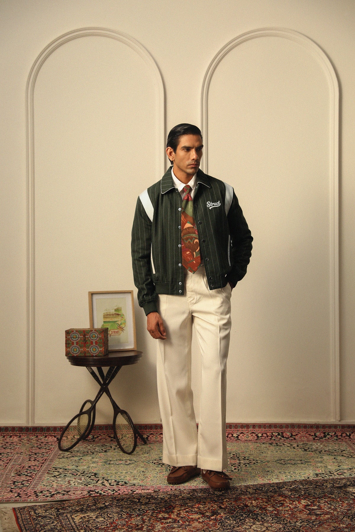 HIGHLANDERS PINSTRIPE SUITING BOMBER JACKET - II GREEN