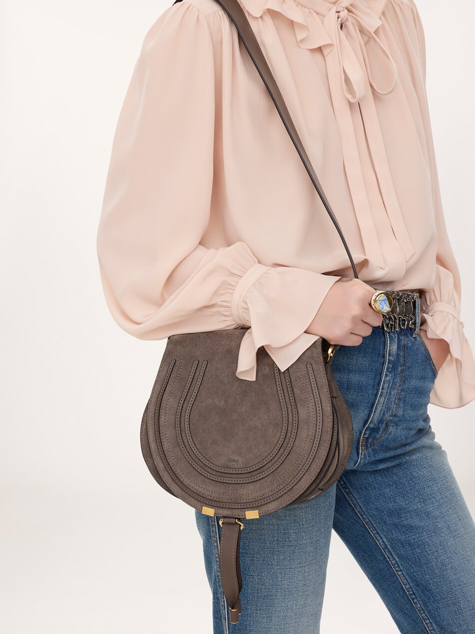 CHLOE Marcie saddle bag in suede leather Nickel Grey