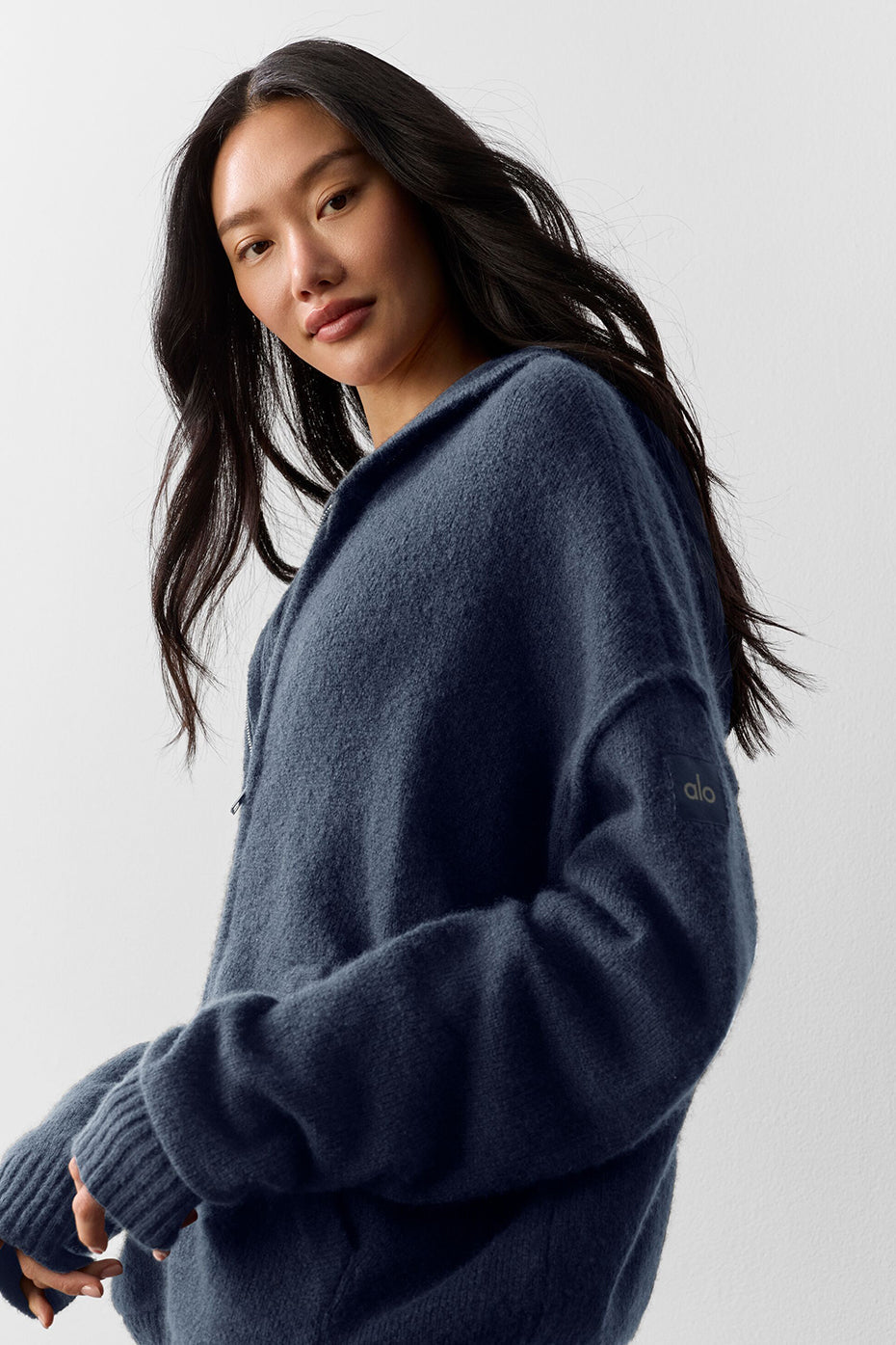 alo Wool Cashmere New Class Full Zip Hoodie - Navy