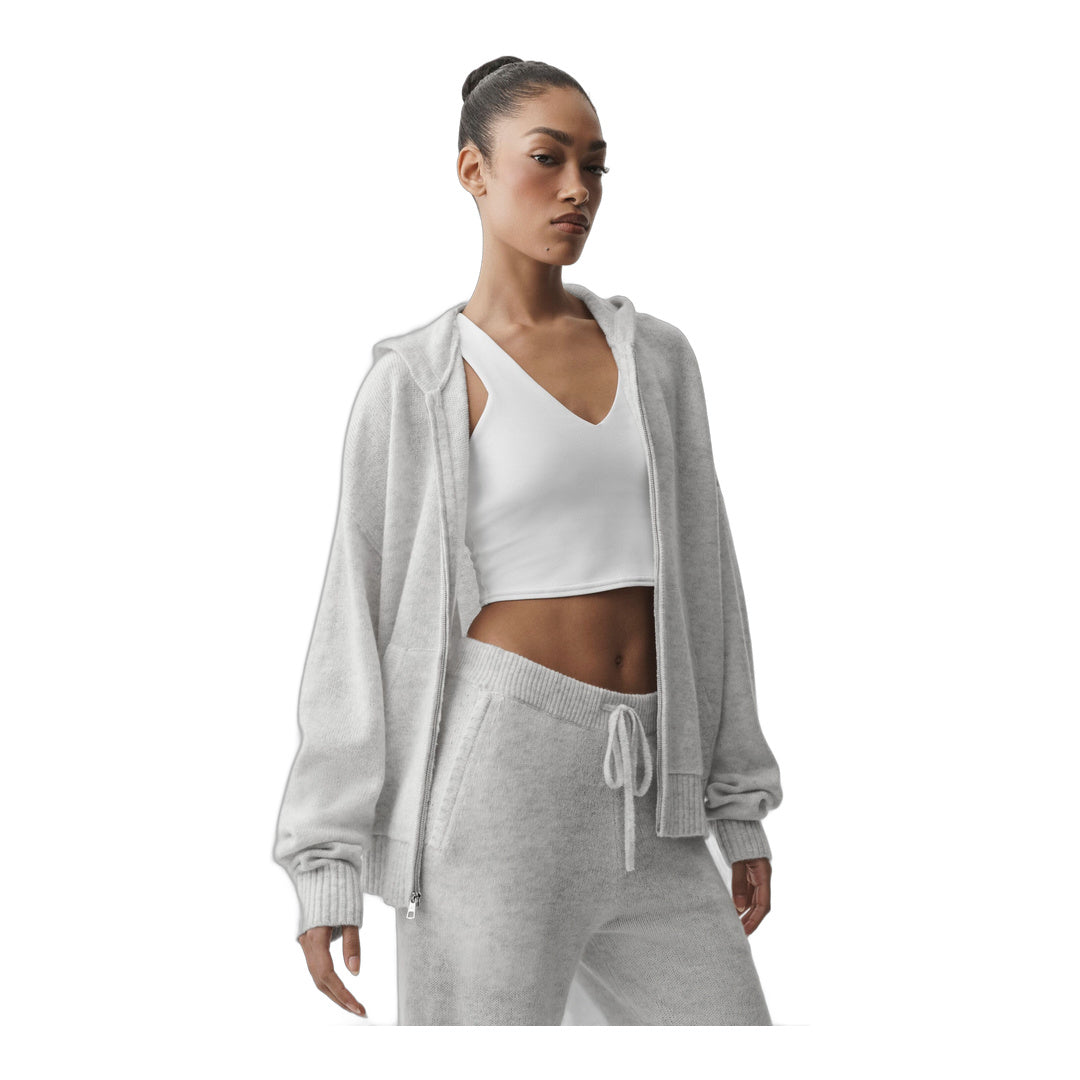 alo Wool Cashmere New Class Full Zip Hoodie - White Heather