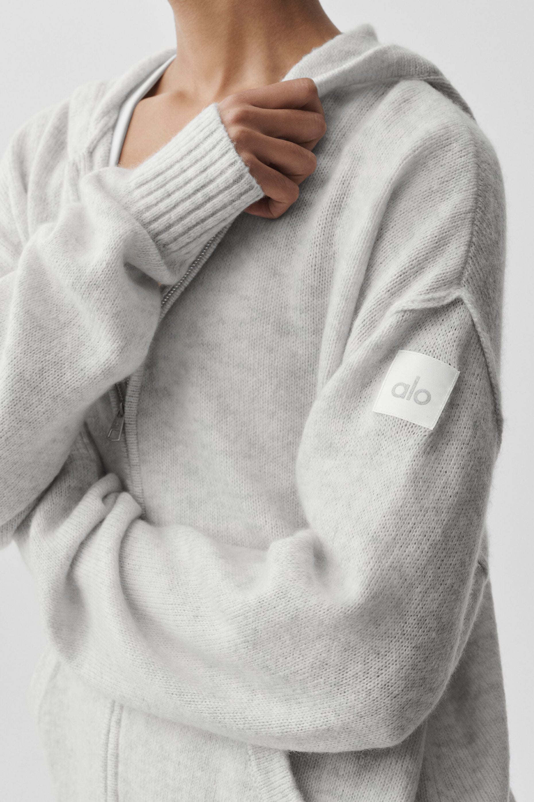 alo Wool Cashmere New Class Full Zip Hoodie - White Heather