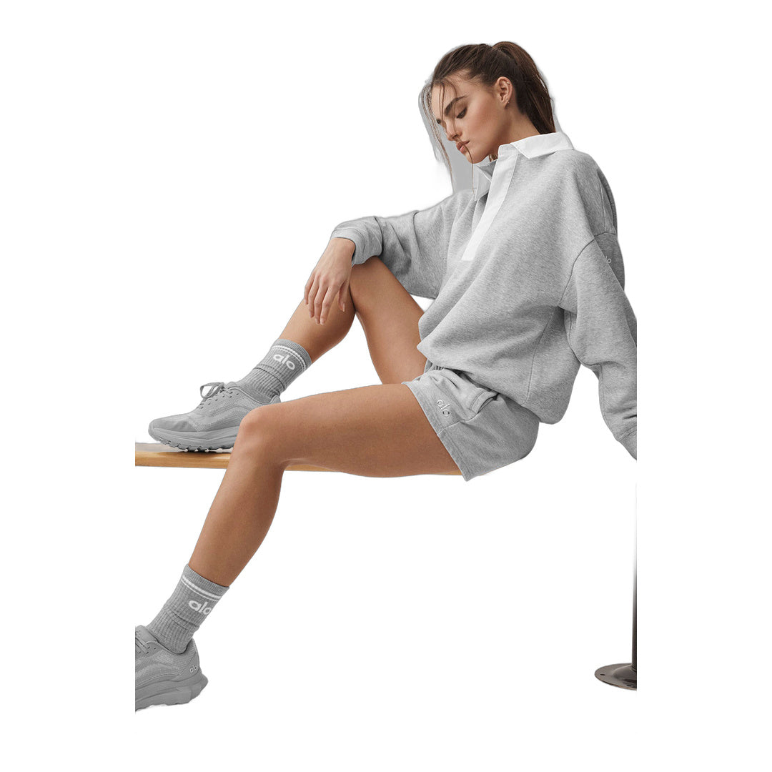 alo Take It Easy Long Sleeve Henley Pullover - Athletic Heather Grey/White