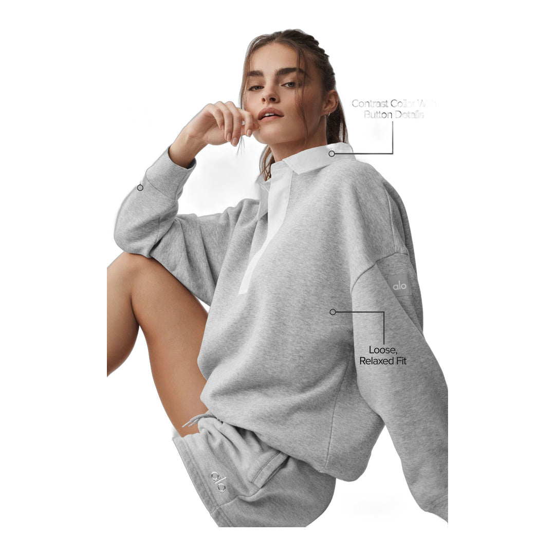 alo Take It Easy Long Sleeve Henley Pullover - Athletic Heather Grey/White