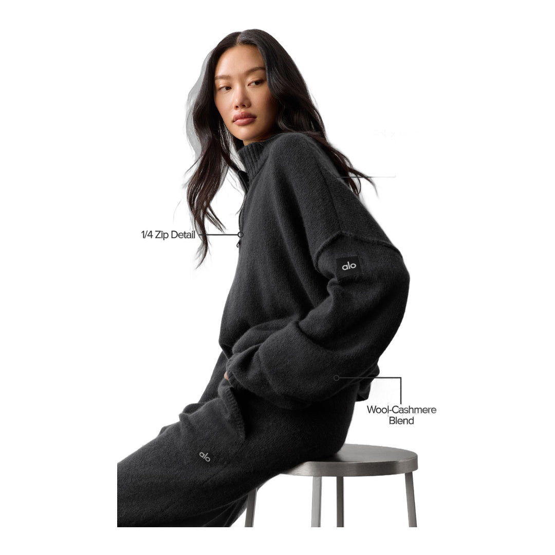 alo Wool Cashmere New Class 1/4 Zip Pullover - Black