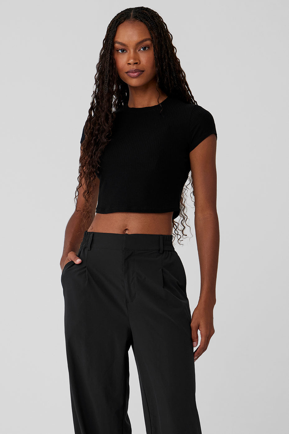 alo Ribbed Sea Coast Cropped Short Sleeve Tee - Black