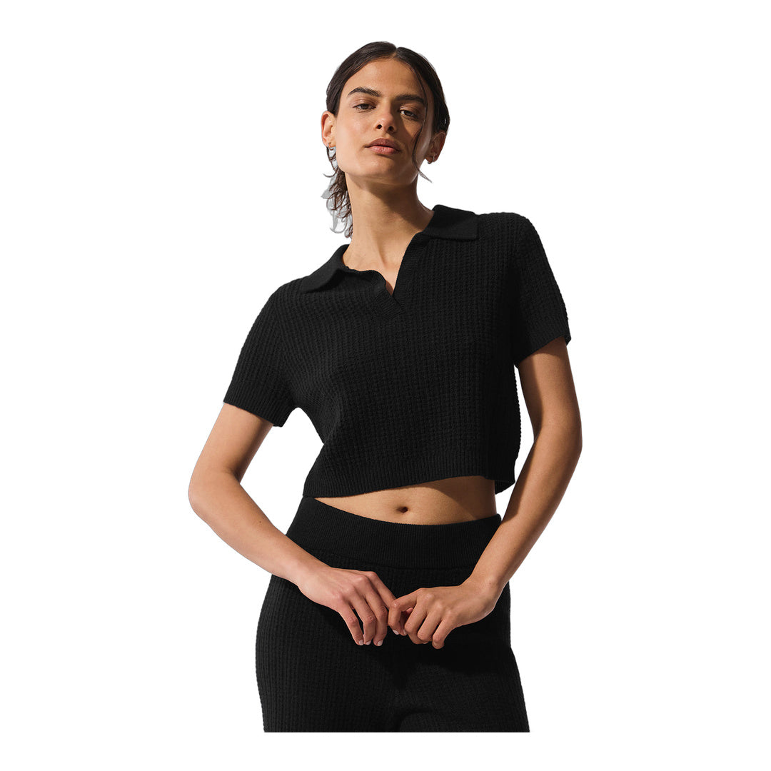 alo Cashmere Plush Waffle Polo Tee - Black