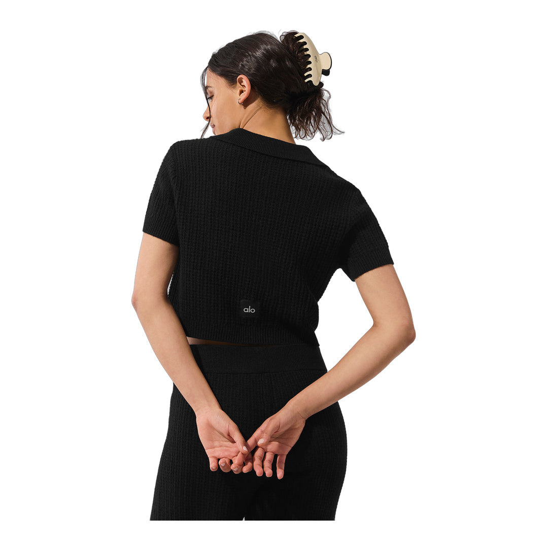 alo Cashmere Plush Waffle Polo Tee - Black