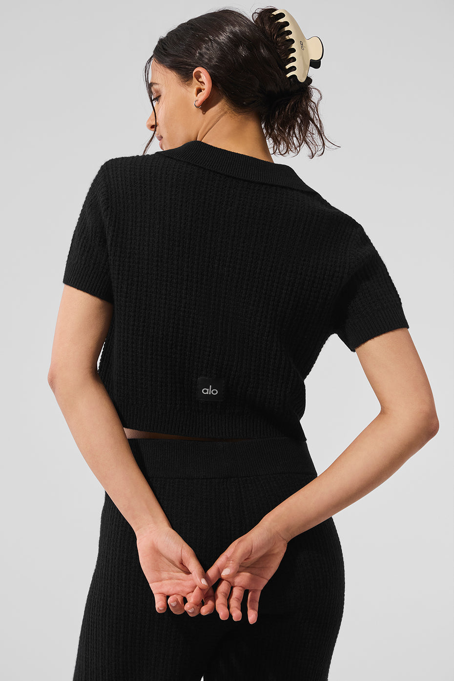 alo Cashmere Plush Waffle Polo Tee - Black