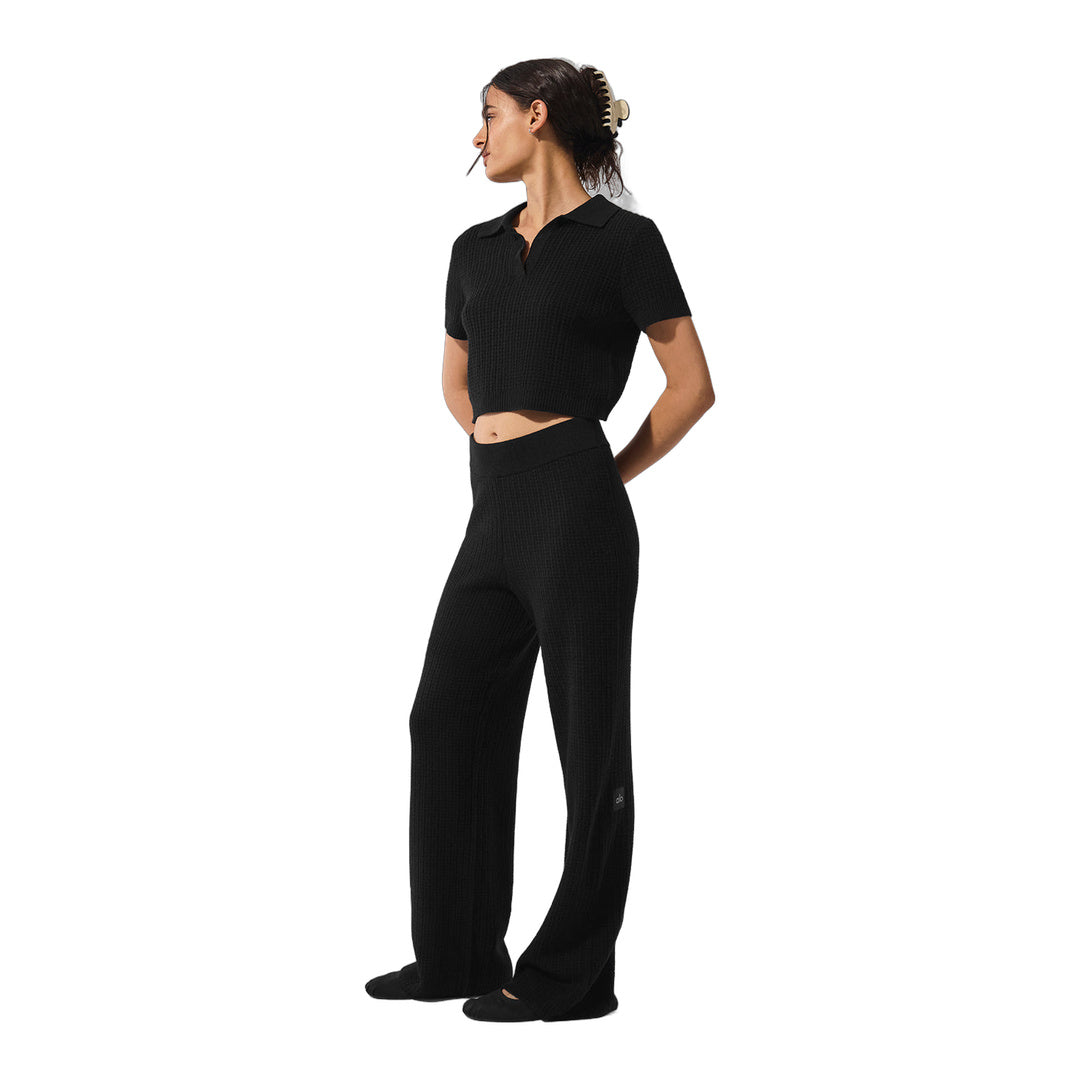 alo Cashmere Plush Waffle Polo Tee - Black