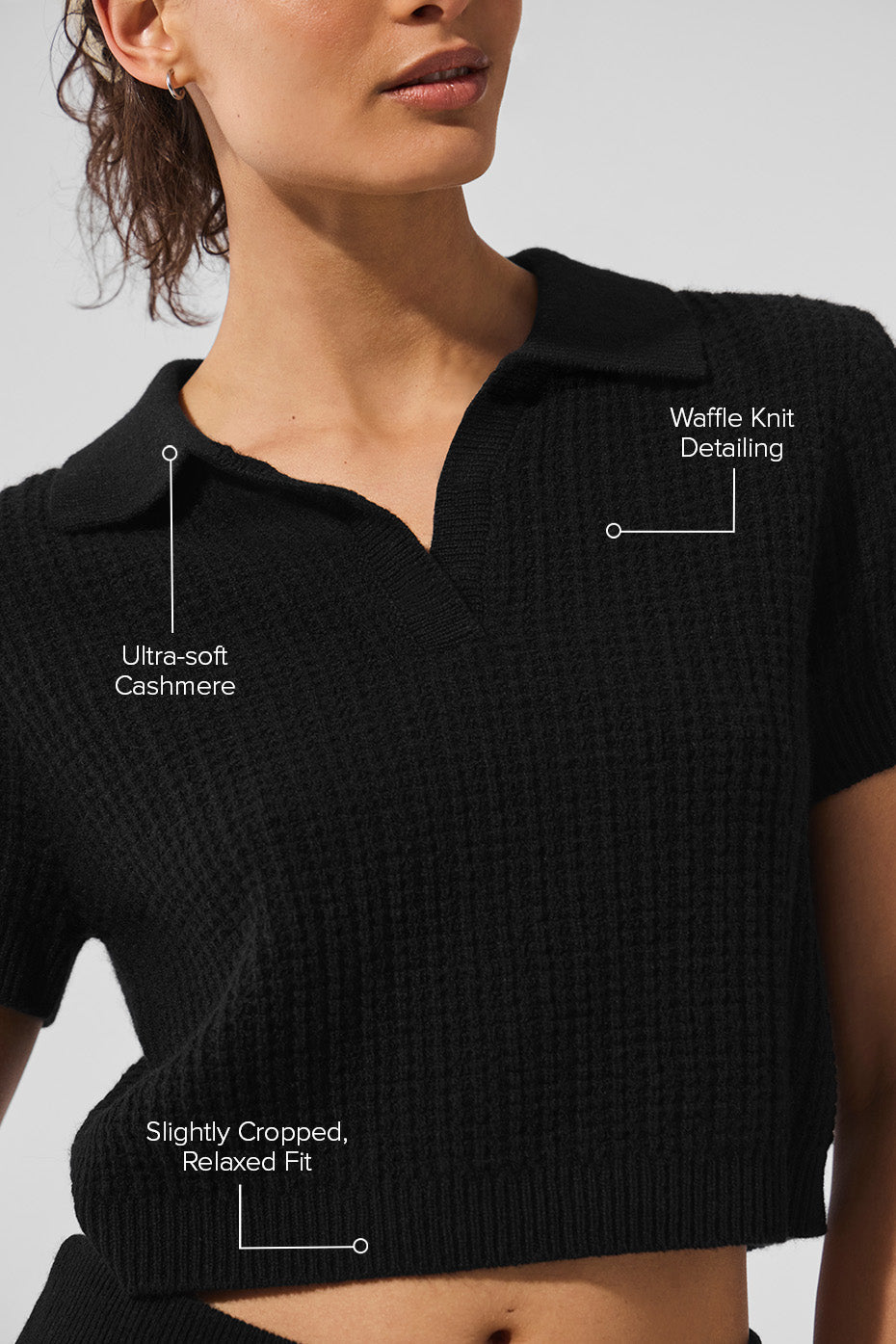 alo Cashmere Plush Waffle Polo Tee - Black