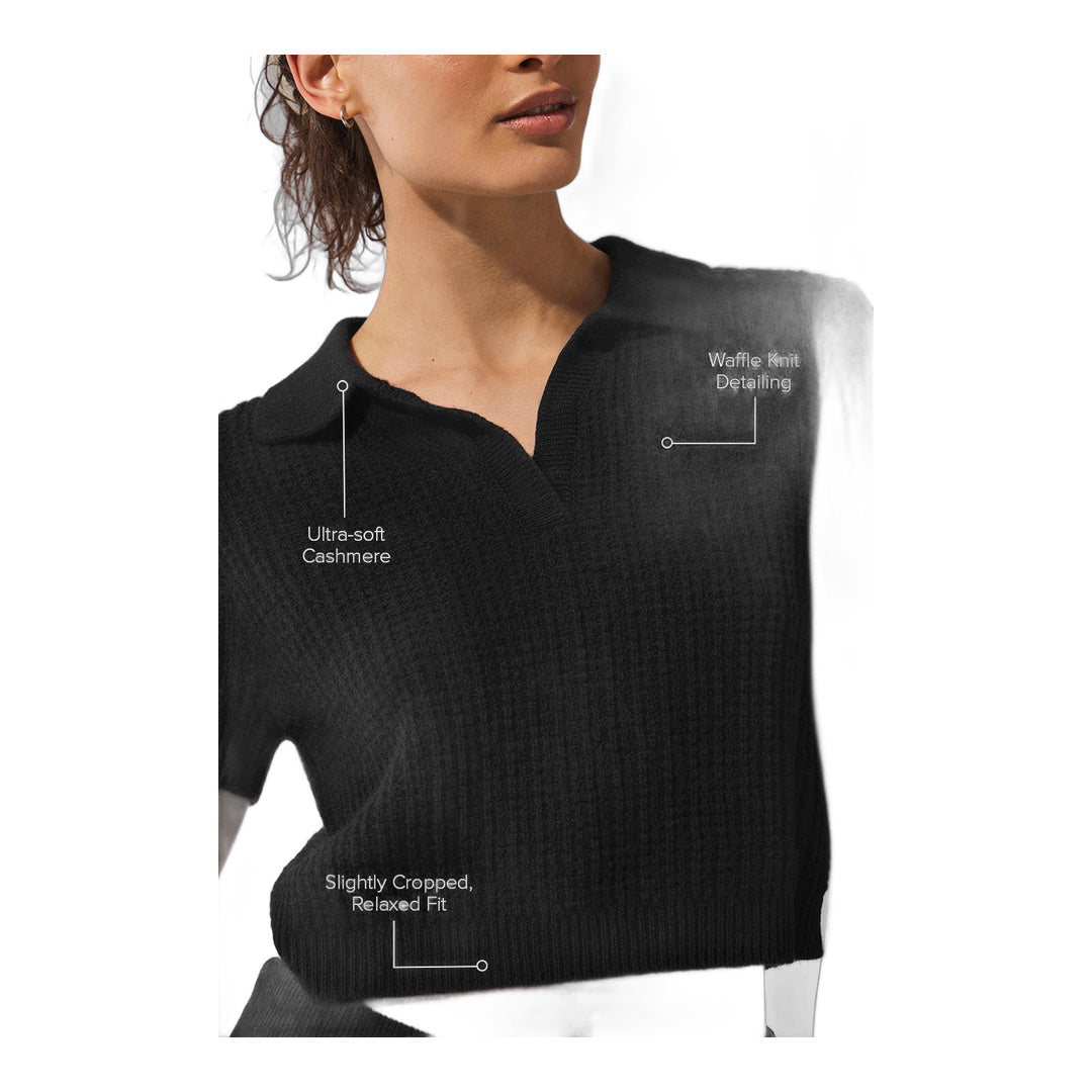 alo Cashmere Plush Waffle Polo Tee - Black