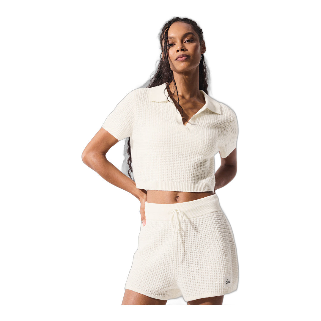 alo Cashmere Plush Waffle Polo Tee - Ivory