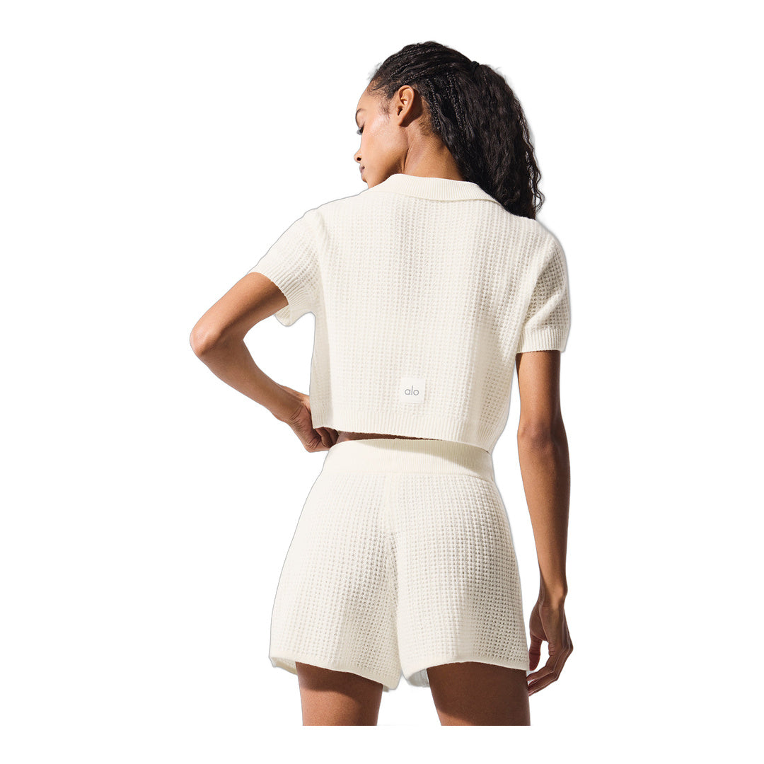 alo Cashmere Plush Waffle Polo Tee - Ivory