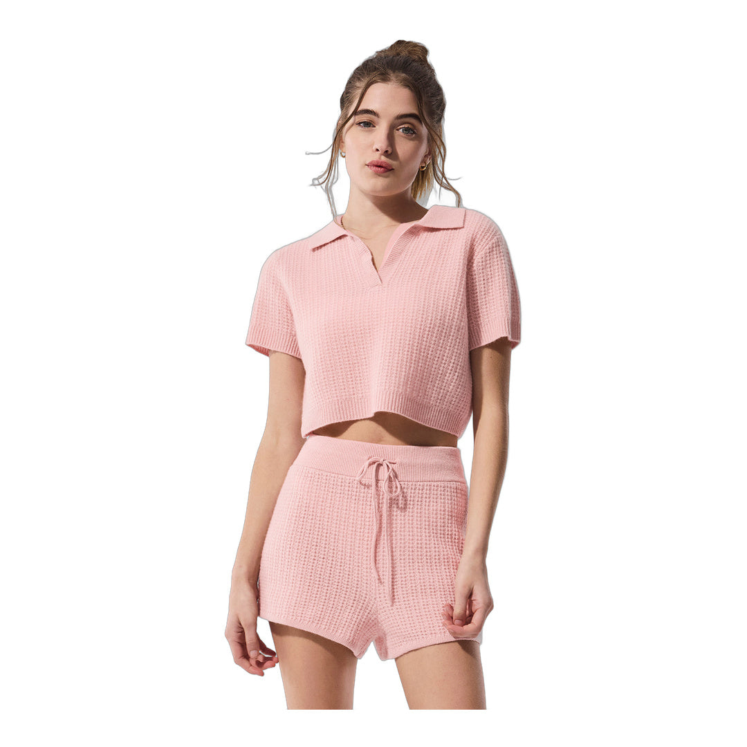 alo Cashmere Plush Waffle Polo Tee - Pink Quartz