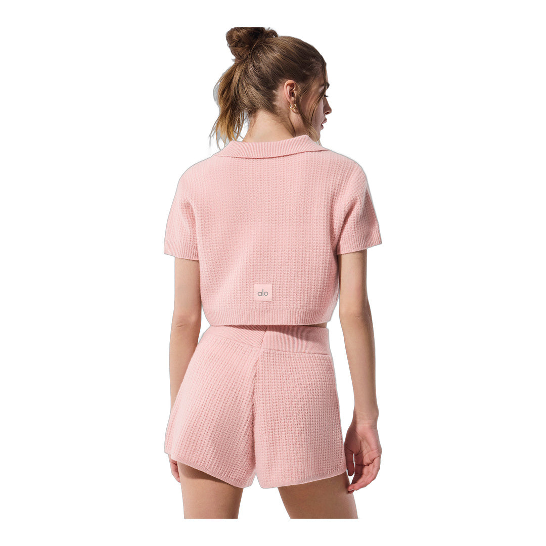 alo Cashmere Plush Waffle Polo Tee - Pink Quartz
