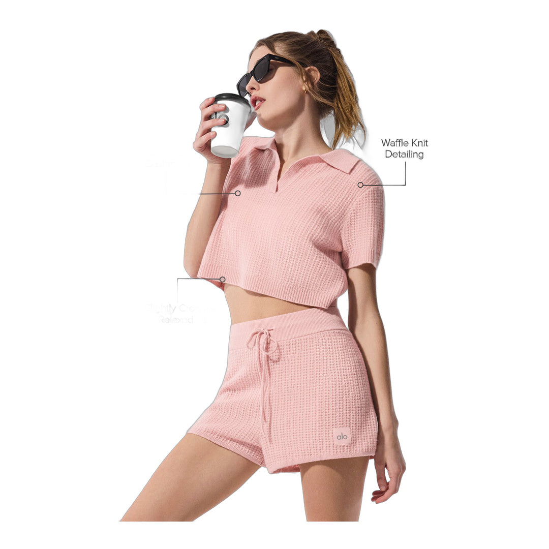 alo Cashmere Plush Waffle Polo Tee - Pink Quartz