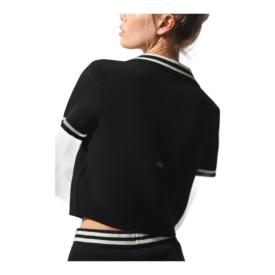 alo Tennis Club Sweater Knit Cropped Polo - Black/Ivory