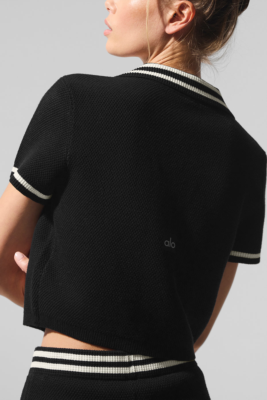 alo Tennis Club Sweater Knit Cropped Polo - Black/Ivory